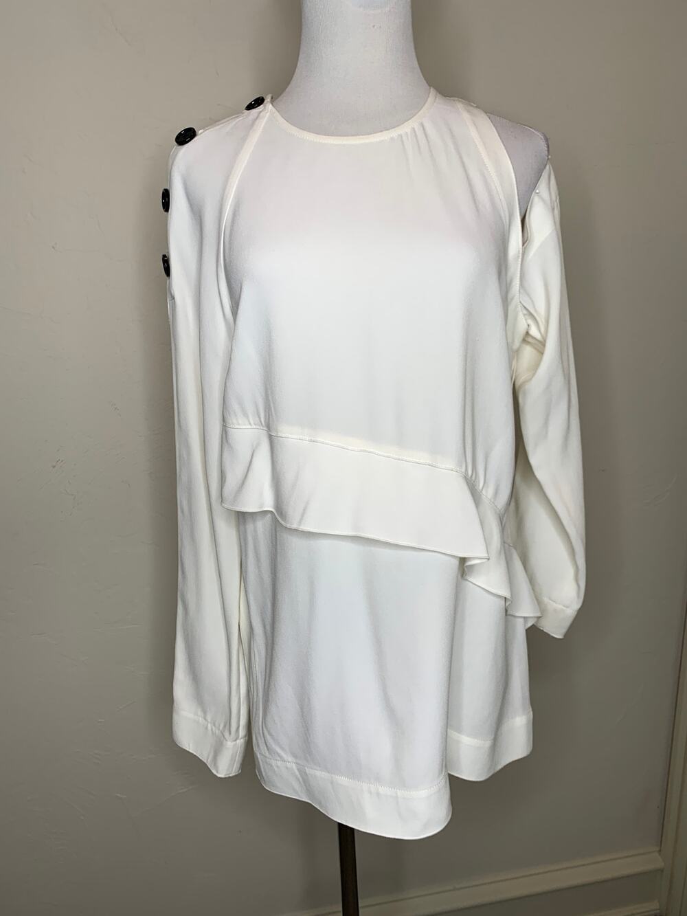 Proenza Schouler Cream Open Shoulder Top Black Buttons Edgy sz 8